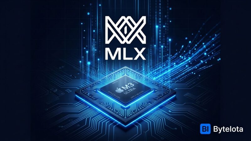 Apple Silicon chip with blue MLX framework data streams representing Ollama 0.40 MLX default inference backend