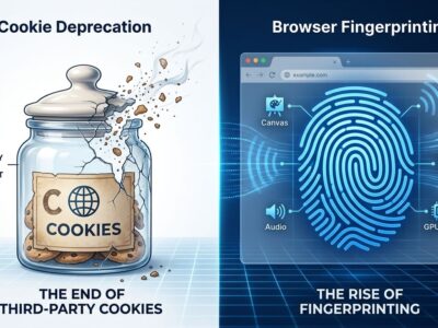 Split-screen illustration comparing cookie deprecation on the left with browser fingerprinting persistence on the right, showing Canvas, WebGL, and AudioContext signal waves