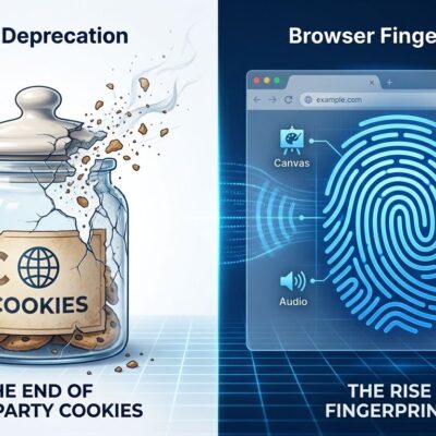 Split-screen illustration comparing cookie deprecation on the left with browser fingerprinting persistence on the right, showing Canvas, WebGL, and AudioContext signal waves