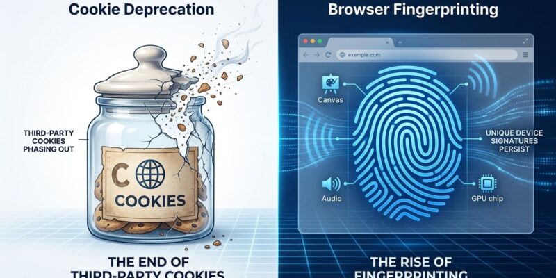 Split-screen illustration comparing cookie deprecation on the left with browser fingerprinting persistence on the right, showing Canvas, WebGL, and AudioContext signal waves
