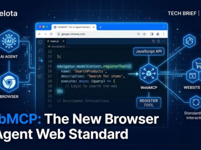 Chrome browser window showing WebMCP navigator.modelContext API with AI agent nodes connected to website tools