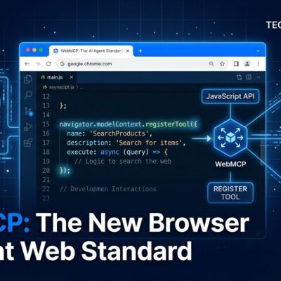 Chrome browser window showing WebMCP navigator.modelContext API with AI agent nodes connected to website tools
