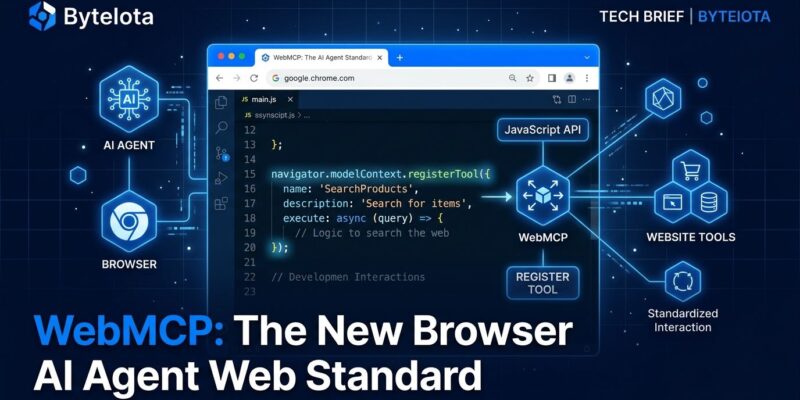 Chrome browser window showing WebMCP navigator.modelContext API with AI agent nodes connected to website tools