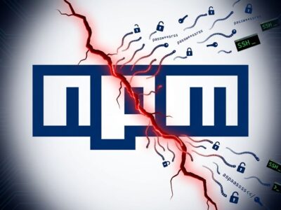 npm logo cracked open with credential symbols leaking out, representing the Tensorlake supply chain attack