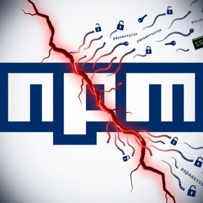 npm logo cracked open with credential symbols leaking out, representing the Tensorlake supply chain attack