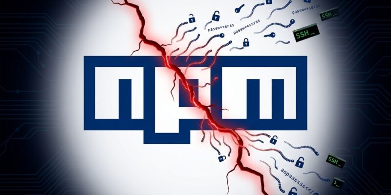 npm logo cracked open with credential symbols leaking out, representing the Tensorlake supply chain attack