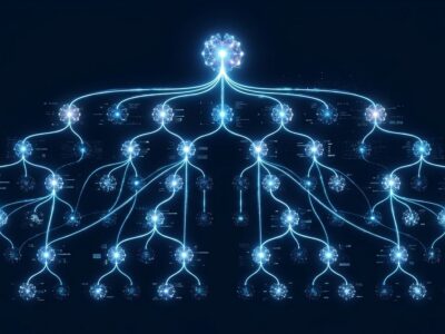 Visualization of Claude Managed Agents dynamic workflows showing parallel AI agents connected in a hierarchical tree structure on a dark blue background