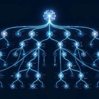 Visualization of Claude Managed Agents dynamic workflows showing parallel AI agents connected in a hierarchical tree structure on a dark blue background