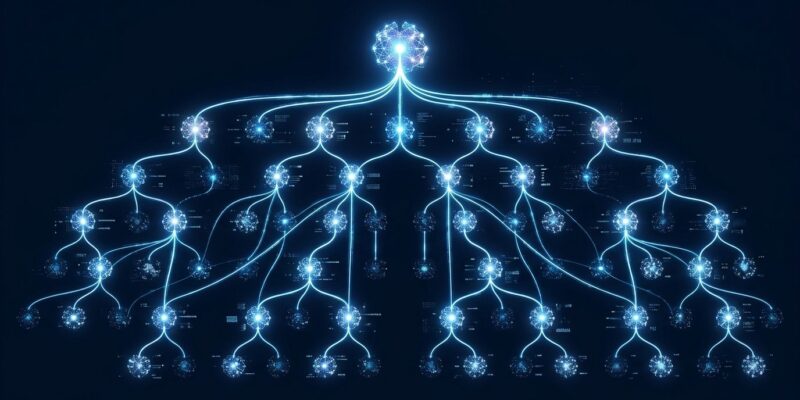 Visualization of Claude Managed Agents dynamic workflows showing parallel AI agents connected in a hierarchical tree structure on a dark blue background