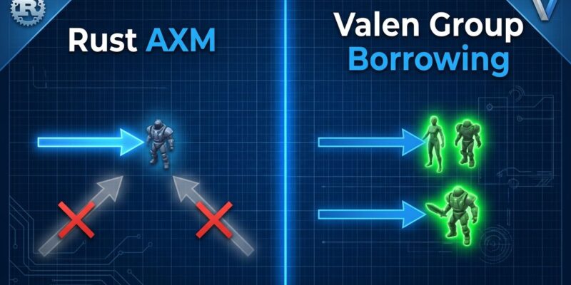 Split-screen comparing Rust AXM single mutable reference rule versus Valen group borrowing allowing two mutable references simultaneously