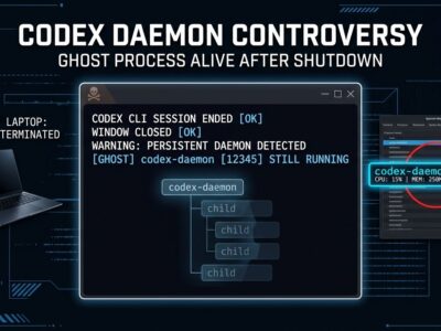 Dark terminal window showing a Codex CLI background daemon running after session close, system monitor visible