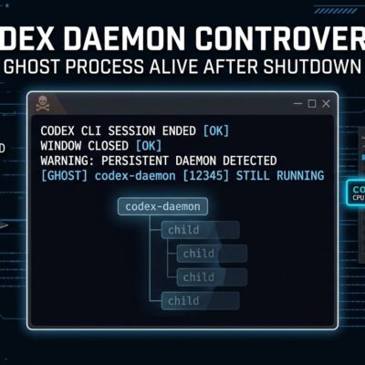 Dark terminal window showing a Codex CLI background daemon running after session close, system monitor visible