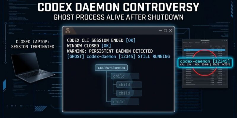 Dark terminal window showing a Codex CLI background daemon running after session close, system monitor visible