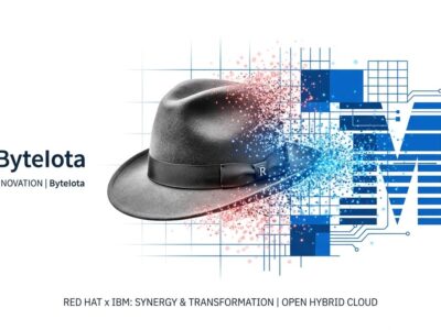 Red Hat fedora logo dissolving into IBM blue corporate branding, representing brand erasure