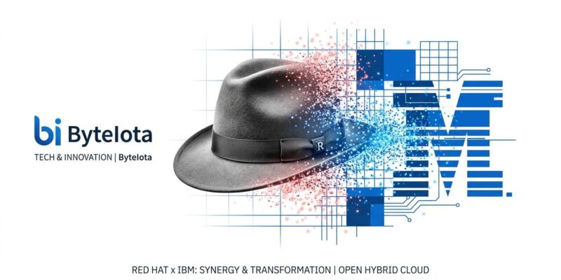 Red Hat fedora logo dissolving into IBM blue corporate branding, representing brand erasure
