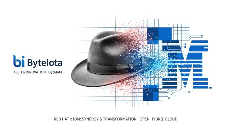 Red Hat fedora logo dissolving into IBM blue corporate branding, representing brand erasure