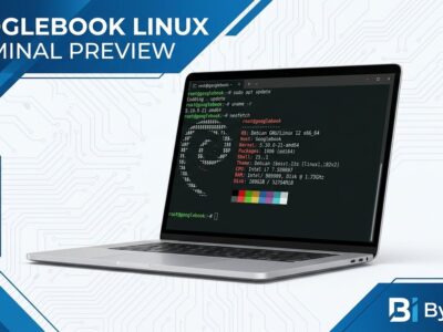 Googlebook laptop showing Linux terminal with Debian commands