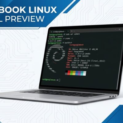 Googlebook laptop showing Linux terminal with Debian commands