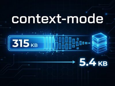 context-mode MCP server compressing AI agent context window from 315KB to 5.4KB, showing 98% reduction in token usage