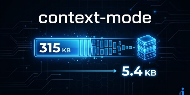 context-mode MCP server compressing AI agent context window from 315KB to 5.4KB, showing 98% reduction in token usage