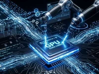 AI robotic arms writing CUDA GPU kernels with electric blue circuit patterns and parallel processing lanes visualization