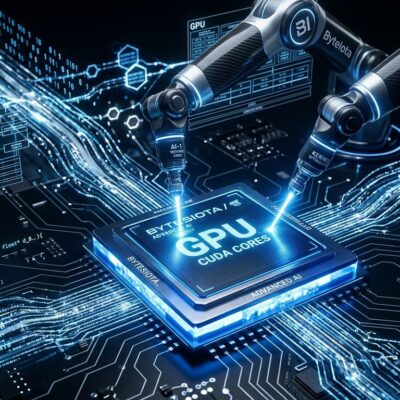 AI robotic arms writing CUDA GPU kernels with electric blue circuit patterns and parallel processing lanes visualization