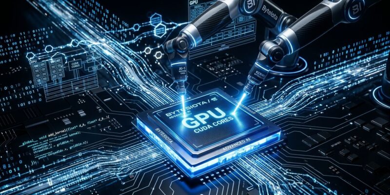 AI robotic arms writing CUDA GPU kernels with electric blue circuit patterns and parallel processing lanes visualization