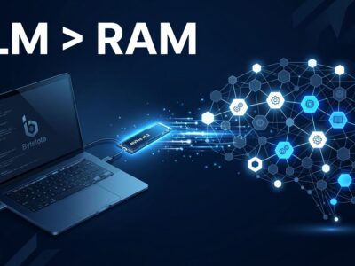 Laptop connected to NVMe SSD streaming AI expert weights to a neural network, representing Janas LLM inference engine