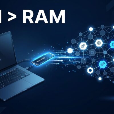Laptop connected to NVMe SSD streaming AI expert weights to a neural network, representing Janas LLM inference engine