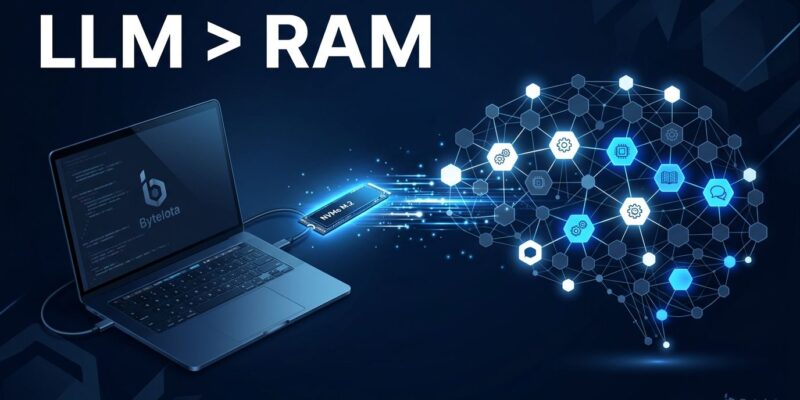Laptop connected to NVMe SSD streaming AI expert weights to a neural network, representing Janas LLM inference engine