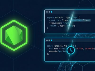 Node.js 26 LTS release showing TypeScript type stripping and Temporal API features on a dark blue background