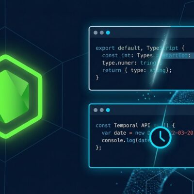 Node.js 26 LTS release showing TypeScript type stripping and Temporal API features on a dark blue background