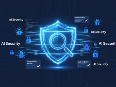 Glowing blue shield with magnifying glass representing AI-powered vulnerability scanning for open-source projects