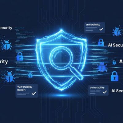 Glowing blue shield with magnifying glass representing AI-powered vulnerability scanning for open-source projects