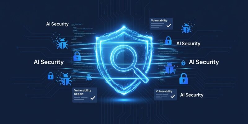 Glowing blue shield with magnifying glass representing AI-powered vulnerability scanning for open-source projects