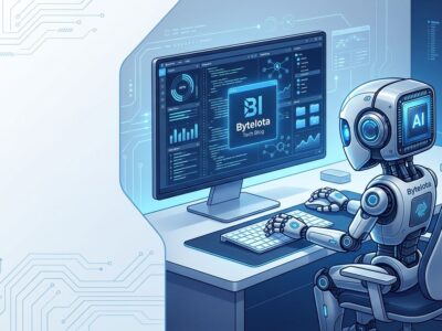A small AI chip with robotic hands operating a desktop computer interface, representing Claude Haiku 5.5 human-level computer use capability