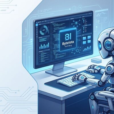 A small AI chip with robotic hands operating a desktop computer interface, representing Claude Haiku 5.5 human-level computer use capability