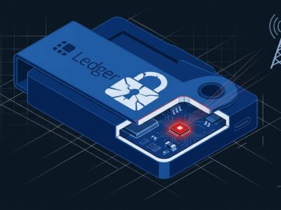 Ledger hardware wallet cross-section showing hidden spy chip implant with cellular antenna transmitting stolen seed phrases