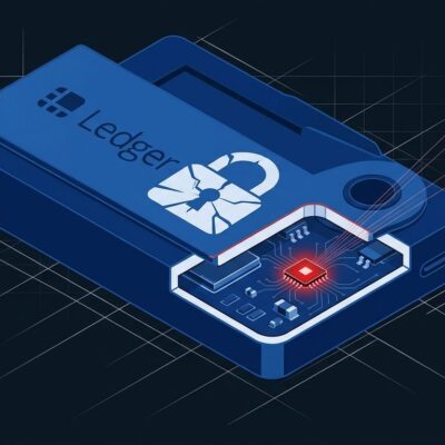 Ledger hardware wallet cross-section showing hidden spy chip implant with cellular antenna transmitting stolen seed phrases