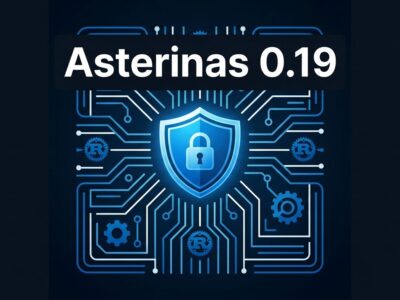 Asterinas 0.19.0 memory-safe Rust kernel architecture diagram with blue shield and circuit board design