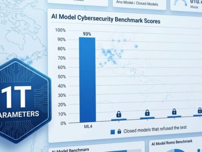 Data visualization dashboard showing Mistral Large 4 cybersecurity benchmark scores with 93% Cybench result and 1 trillion parameter badge