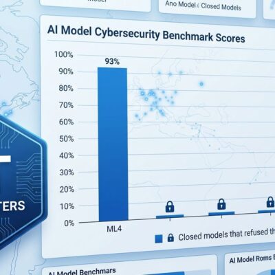 Data visualization dashboard showing Mistral Large 4 cybersecurity benchmark scores with 93% Cybench result and 1 trillion parameter badge