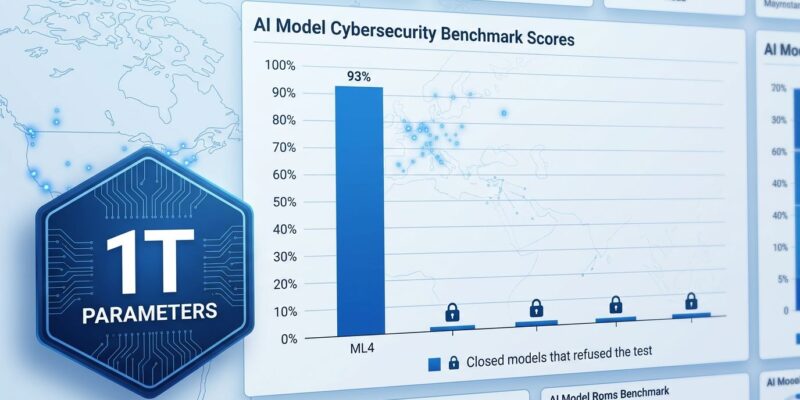 Data visualization dashboard showing Mistral Large 4 cybersecurity benchmark scores with 93% Cybench result and 1 trillion parameter badge