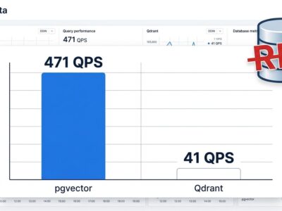 Bar chart comparing pgvector 471 QPS versus Qdrant 41 QPS performance, showing pgvector dominance with RIP vector database label