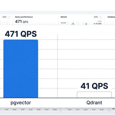 Bar chart comparing pgvector 471 QPS versus Qdrant 41 QPS performance, showing pgvector dominance with RIP vector database label