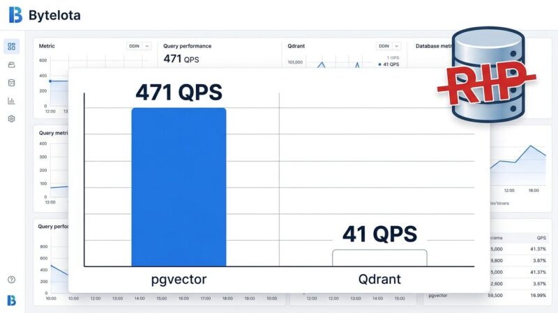 Bar chart comparing pgvector 471 QPS versus Qdrant 41 QPS performance, showing pgvector dominance with RIP vector database label