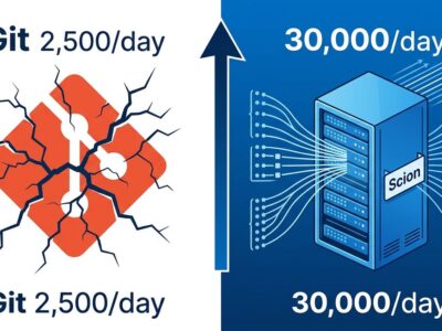 Split-screen comparison showing Git breaking down on the left and Anthropic Scion server architecture on the right, illustrating the 12x merge surge that forced the switch