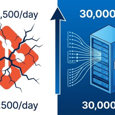 Split-screen comparison showing Git breaking down on the left and Anthropic Scion server architecture on the right, illustrating the 12x merge surge that forced the switch
