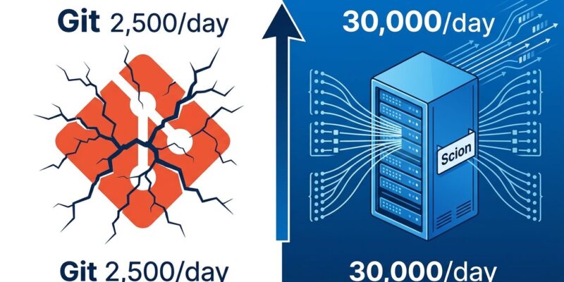 Split-screen comparison showing Git breaking down on the left and Anthropic Scion server architecture on the right, illustrating the 12x merge surge that forced the switch