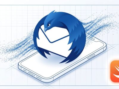 Thunderbird bird icon landing on iPhone with Swift logo - open source email app coming to iOS